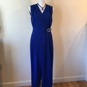 Cobalt Blue V-neck, Sleeveless one-piece jumpsuit with belt - Size 6